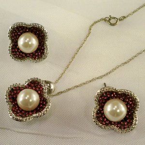 NEW Pearls, Pink Crystals Silver DESIGNER Necklace & Earrings
